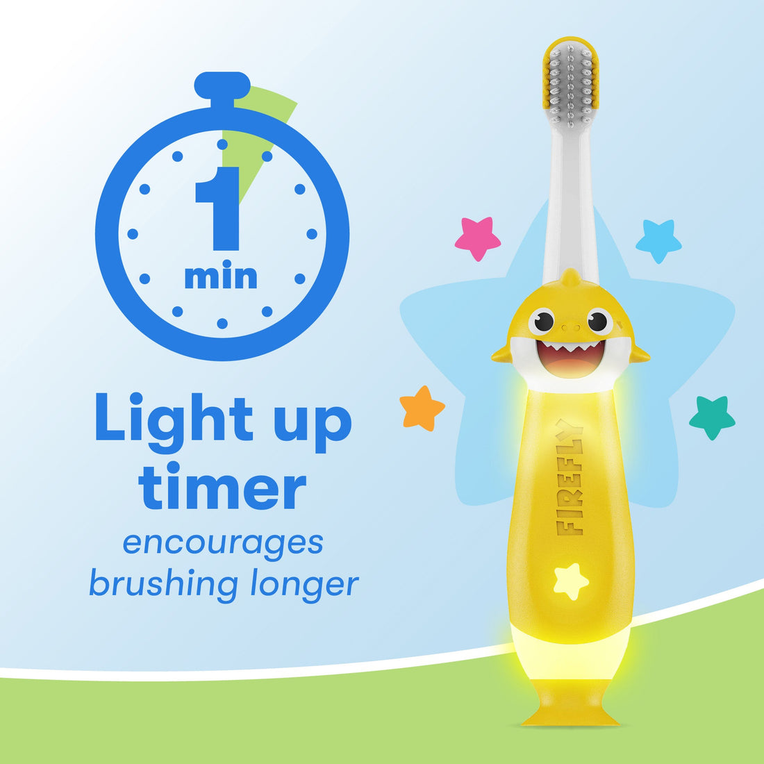 First Firefly Baby Shark Toothbrush and Icon of a watch, Light up timer encourages brushing longer