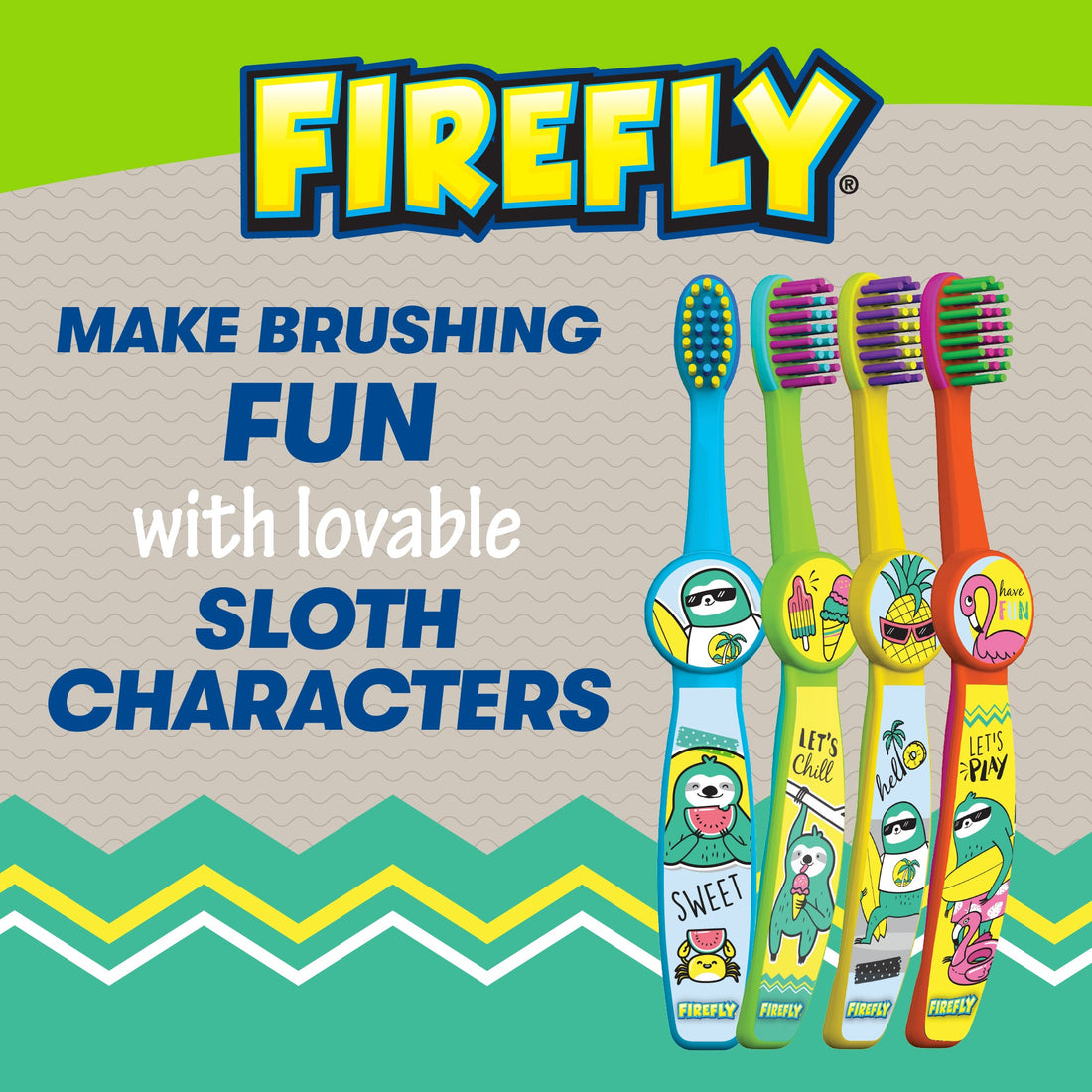 Firefly Soft Toothbrush, Sloths Circle, Ages 3+, 4 Count, Make brushing fun with lovable sloth characters