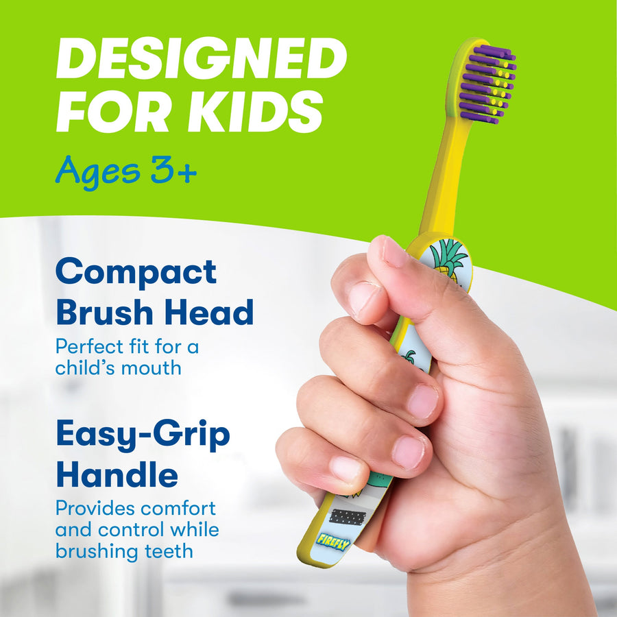 Child holding Firefly Sloths Circle Soft Toothbrush, Designed for kids ages 3+, compact brush head perfect fit for a child's mouth, easy grip handle provides comfort and control while brushing teeth