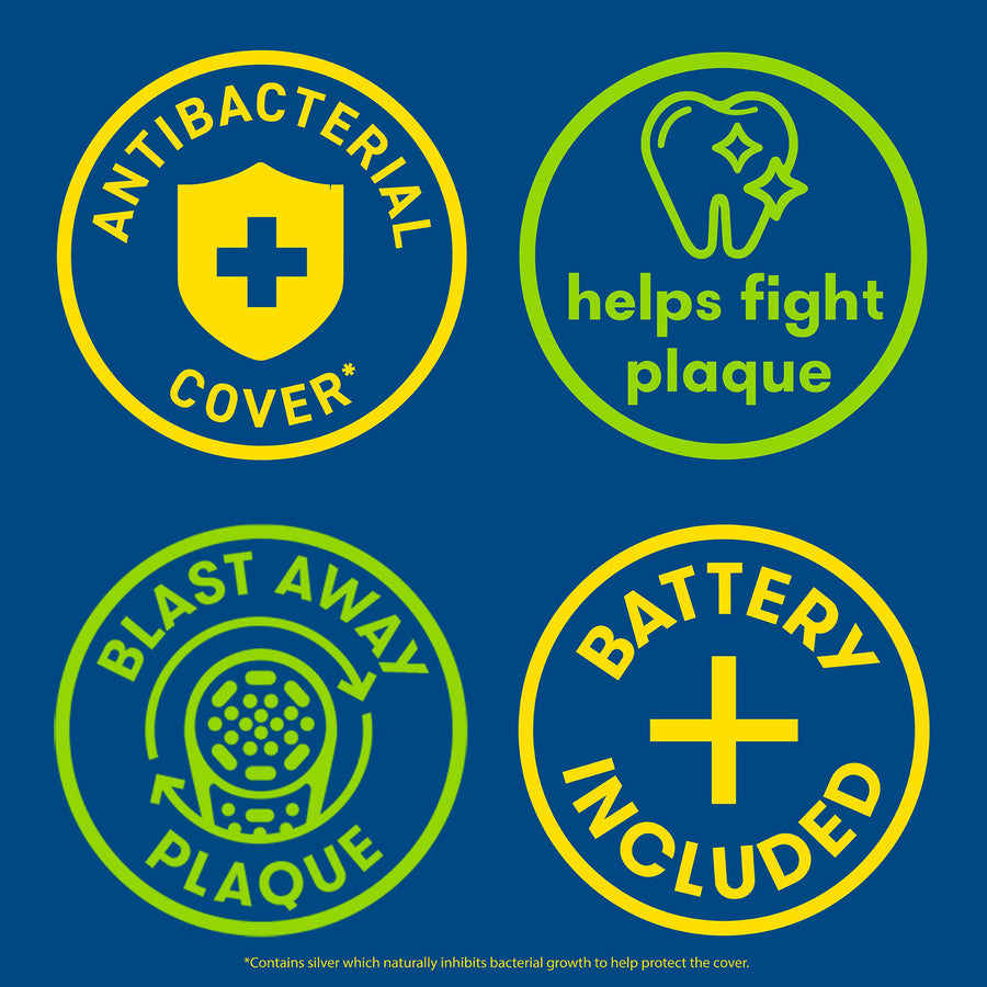 Icons: Antibacterial Cover, Helps Fight Plaque, Blast Away Plaque, Battery Included