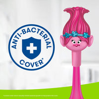 Firefly Play Action Trolls Toothbrush Cap. Icon: Anti-bacterial cover, contains silver which naturally inhibits bacterial growth to help protect the cover