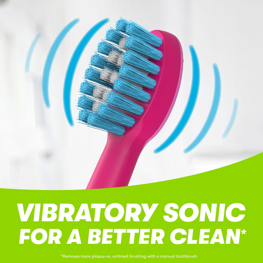 Close up of vibrating Trolls Play Action toothbrush bristles. Vibratory sonic for a better clean, removes more plaque vs untimed brushing with a manual toothbrush