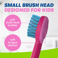 Close up of Trolls toothbrush bristles. Small brush head designed for kids. Icons: Soft multi-level bristles. Soft tongue cleaner