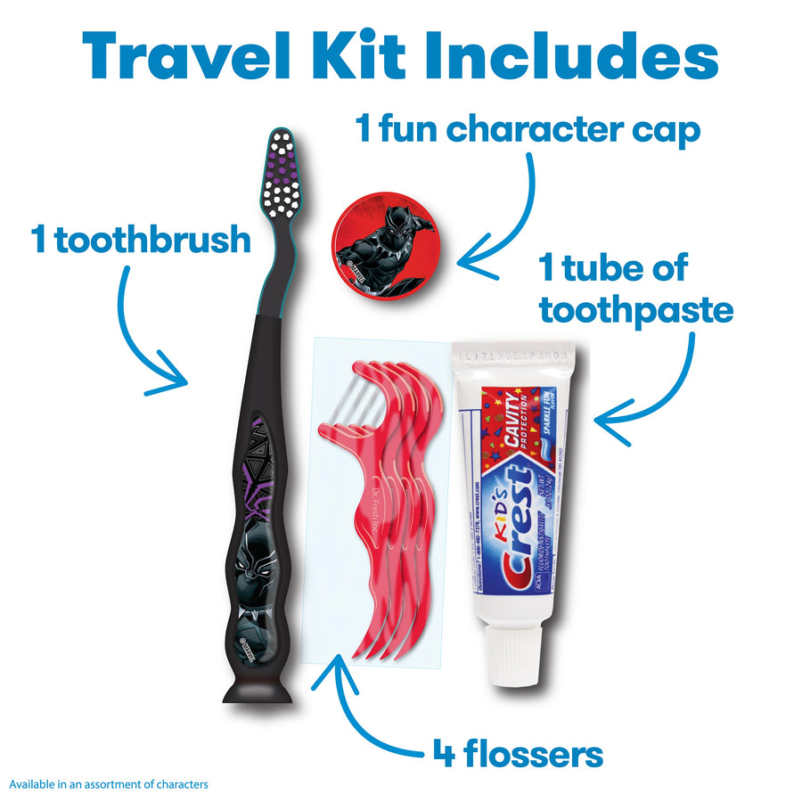 Travel Kit Includes: 1 Toothbrush, 1 fun character cap, 1 tube of toothpaste, 4 flossers