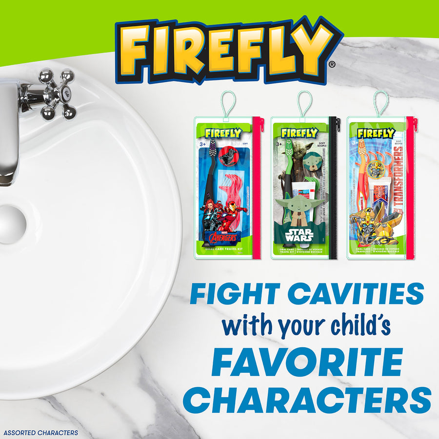 Firefly Premium Assorted Travel Kit (Avengers, Star Wars, Transformers) on top of a bathroom counter. Fight cavities with your child's favorite characters
