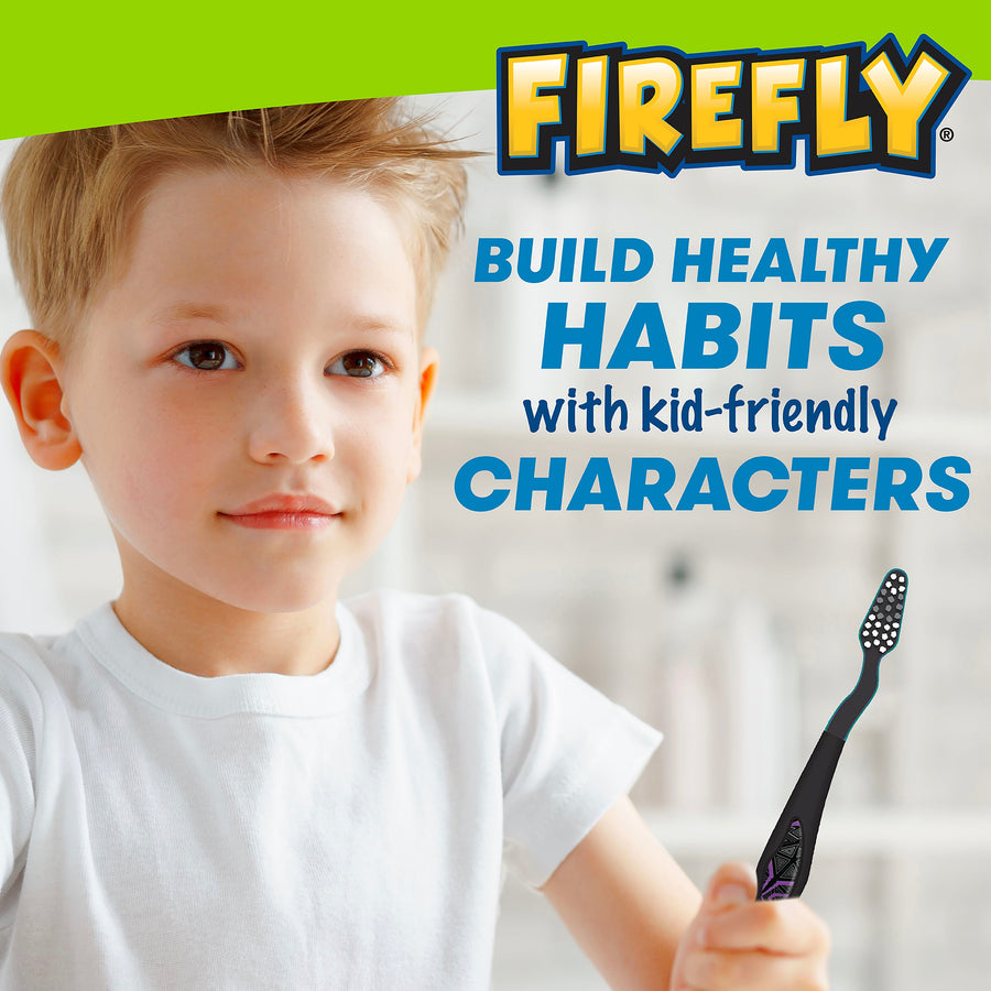 Child holding Avengers toothbrush. Build healthy habits with kid-friendly characters