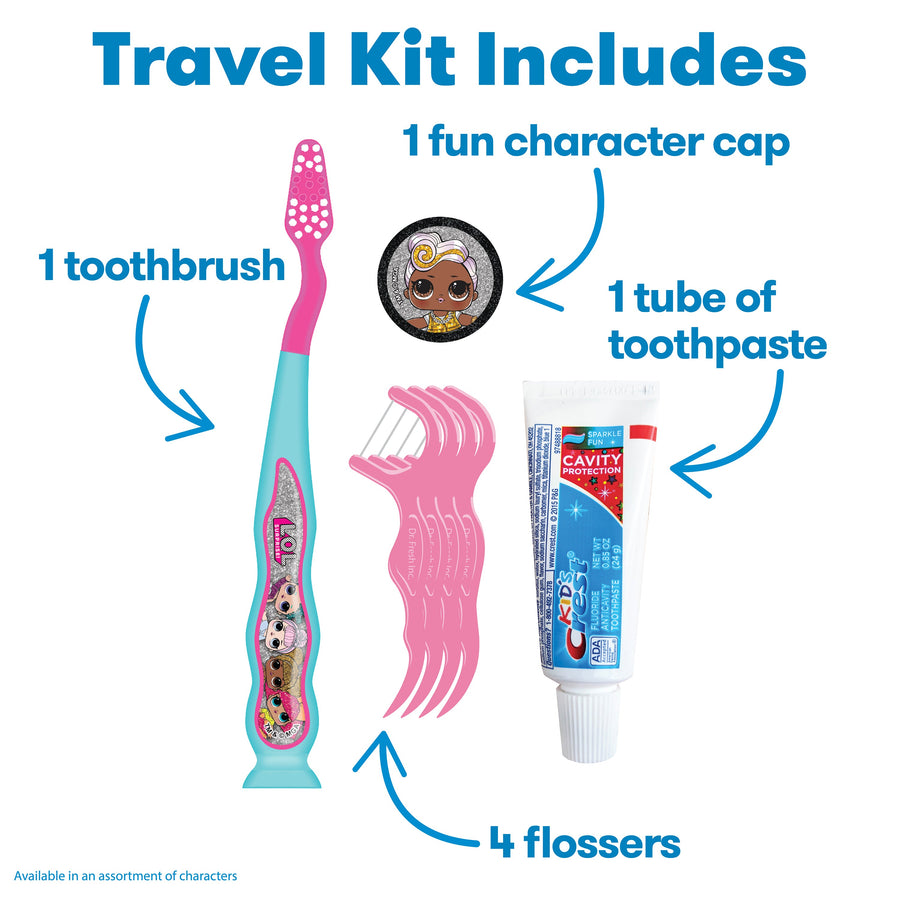 Travel Kit Includes: 1 toothbrush, 1 fun character cap, 1 tube of toothpaste, 4 flossers, available in an assortment of characters