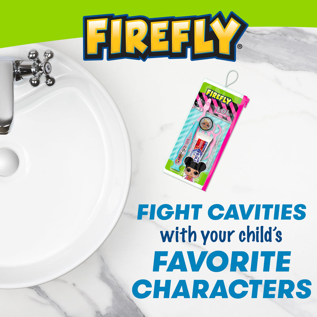 LOL Surprise travel pack on a bathroom counter. Fight cavities with your child&