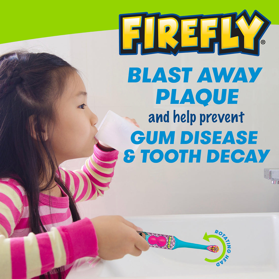 hild holding LOL SURPRISE! toothbrush, Blast away plaque and help prevent gum disease and tooth decay