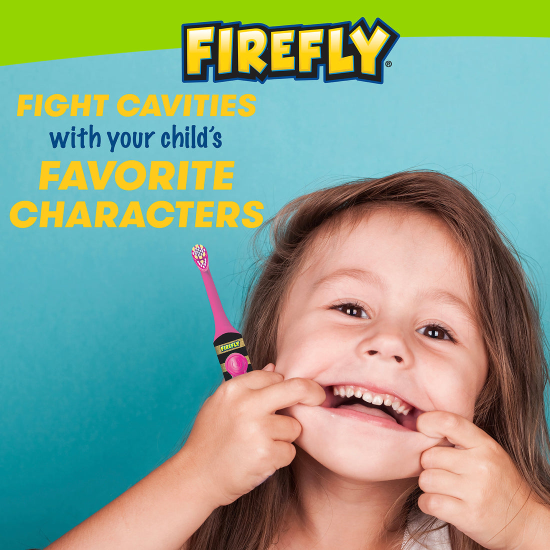 Child smiling wide holding a L.O.L. SURPRISE! toothbrush. Fight cavities with your child&