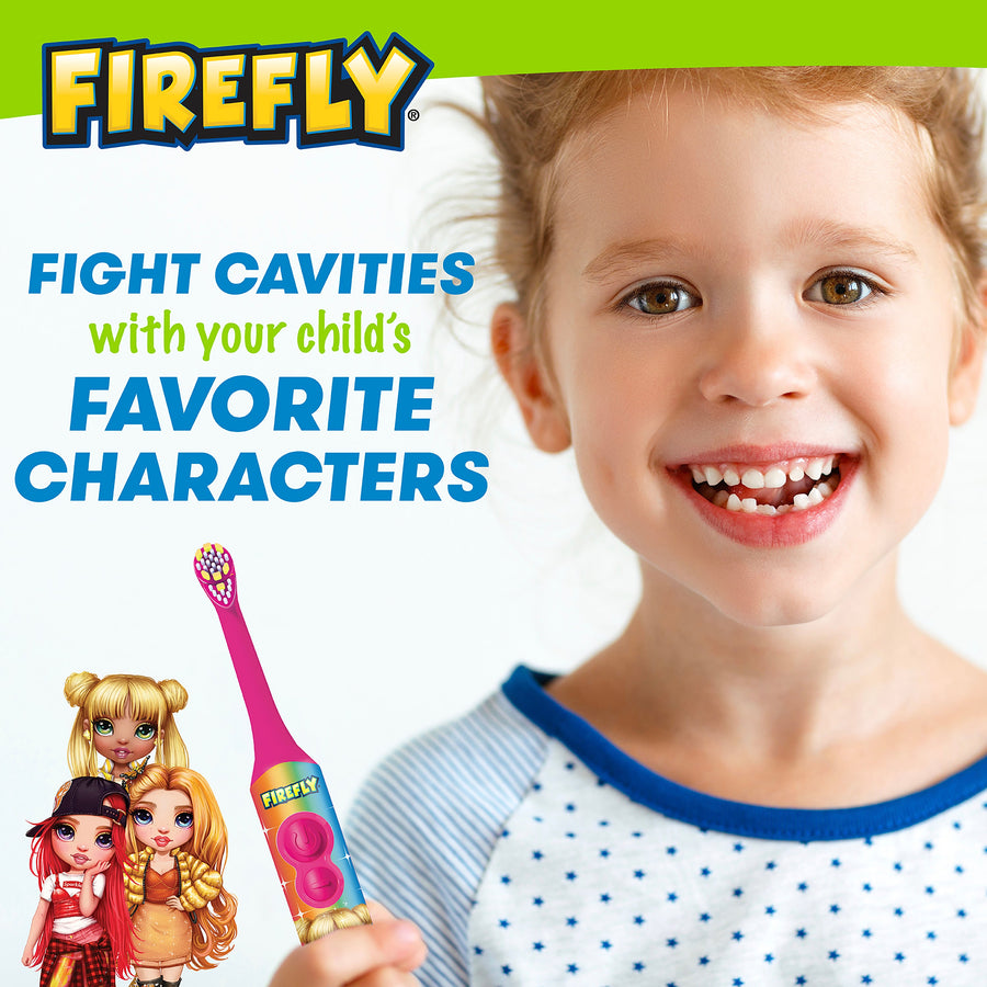 Rainbow High Characters, Clean N' Protect toothbrush being held by a child. Fight cavities with your child's favorite characters