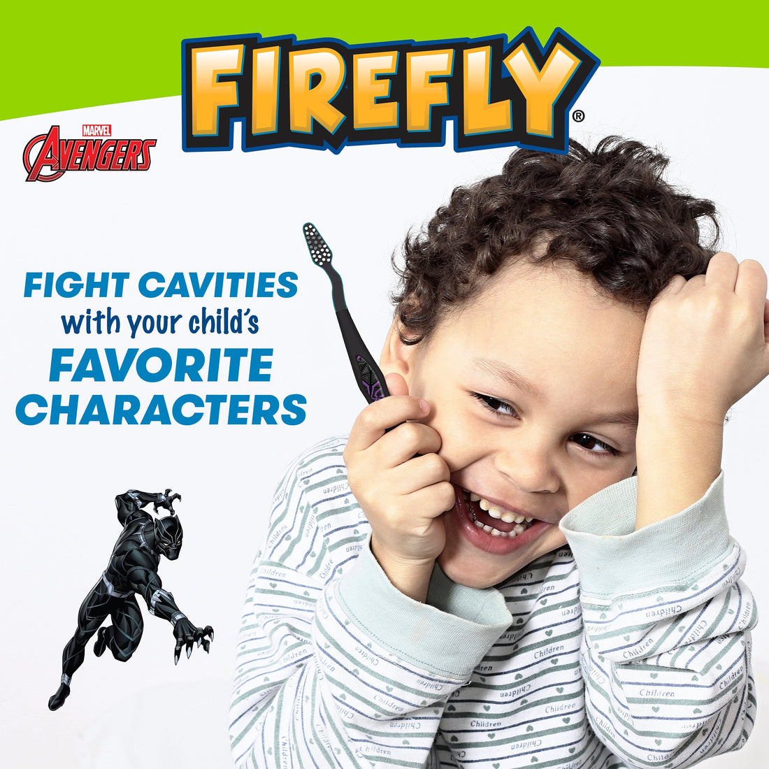 Avengers Black Panther Character. Child holding Toothbrush. Fight cavities with your child&