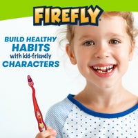 Child holding Avengers toothbrush. Build healthy habits with kid-friendly characters
