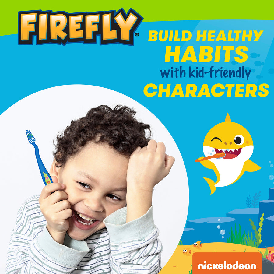 Baby Shark logo. Child holding Baby Shark toothbrush. Build healthy habits with kid-friendly characters