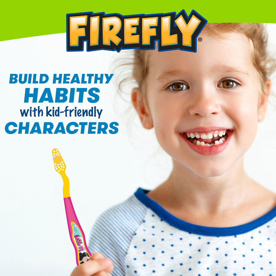 Child holding LOL Surprise toothbrush. Build healthy habits with kid-friendly characters