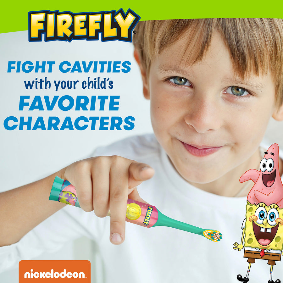 Child smiling holding a Firefly Clean N' Protect SpongeBob Square Pants Toothbrush while pointing. Fight cavities with your child's favorite characters