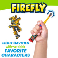 Child holding Clean N' Protect Transformers Toothbrush. Fight cavities with your child's favorite characters