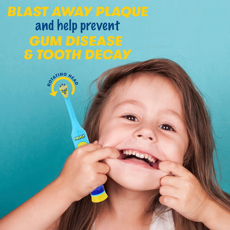 Child smiling wide holding a Baby Shark Clean N' Protect Toothbrush. Blast away plaque and help prevent gum disease and tooth decay