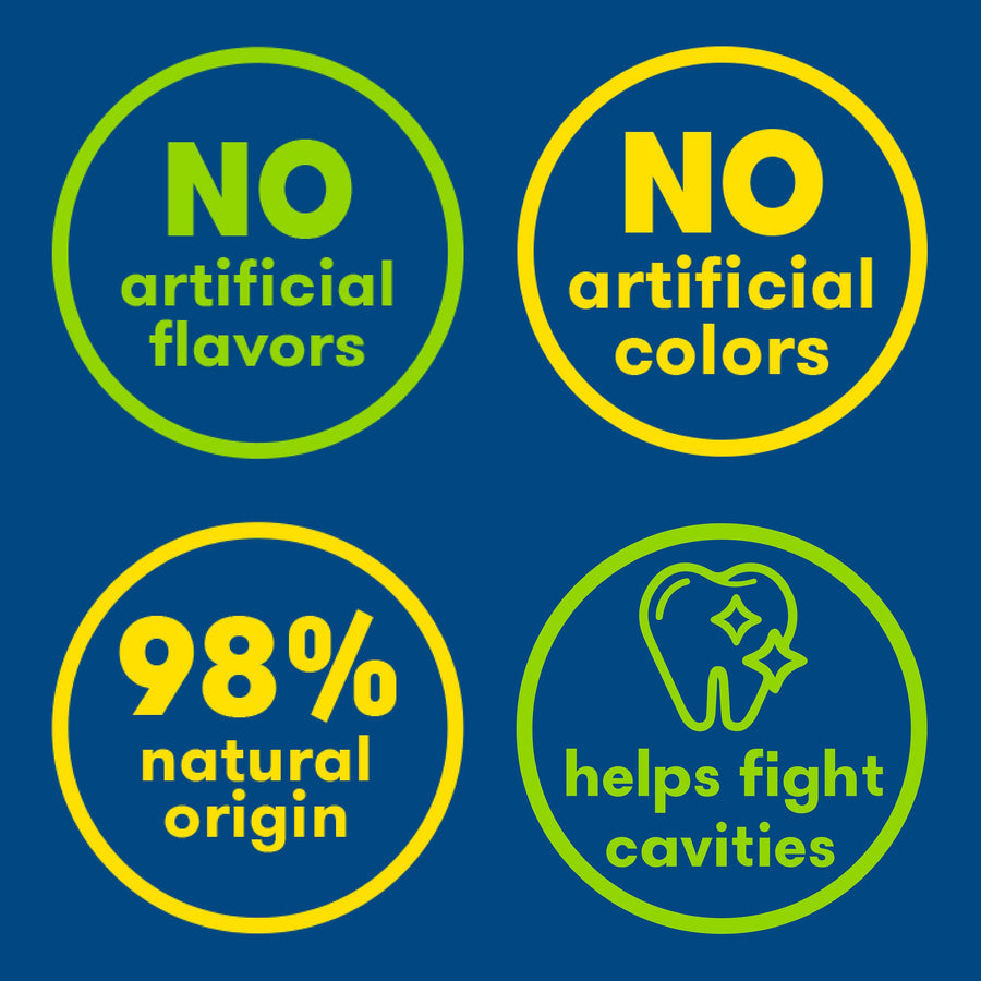 Icons: No artificial flavors, No artificial colors, 98% natural origin, helps fight cavities