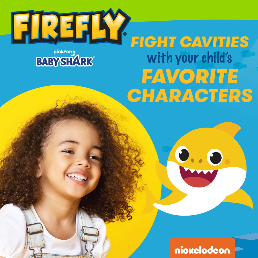 Child smiling at Baby Shark, Fight cavities with your child's favorite characters
