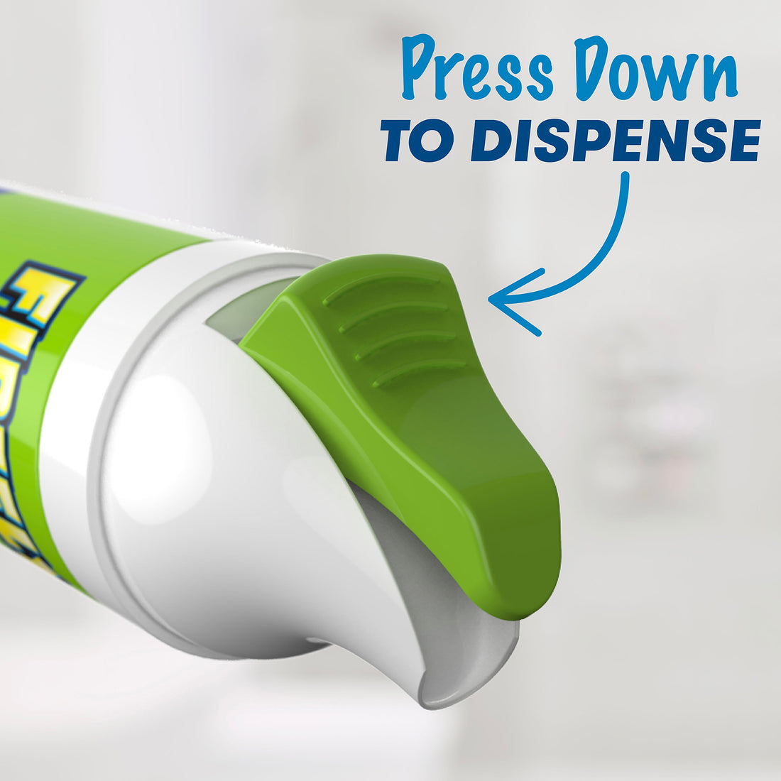 Close up of Firefly toothpaste, press down to dispense 